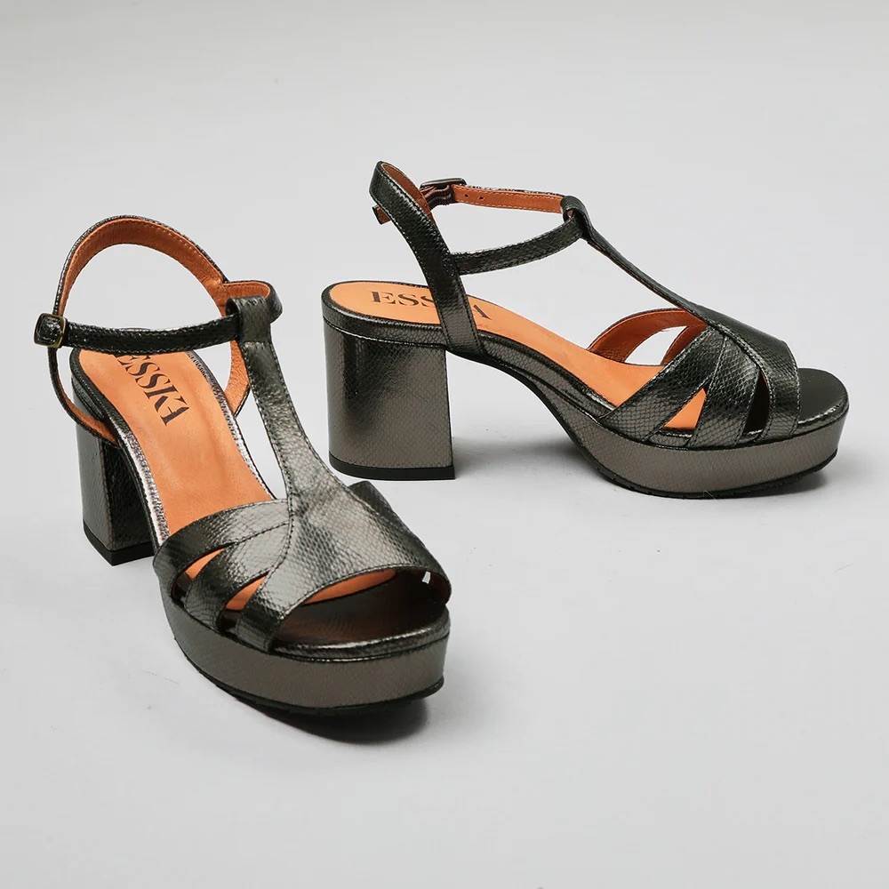 Esska Charlie Pewter Metallic Block Heel Sandals
